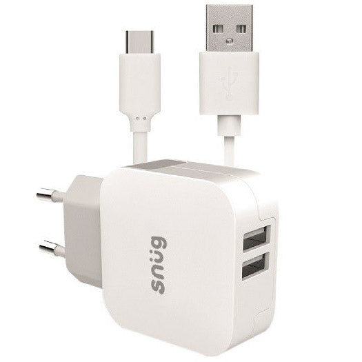Snug 2 Port USB 3.4 Amp Wall Charger With Type C Cable - White
